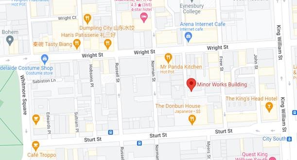 A map showing the location of the Minor Works Building in the Adelaide CBD.